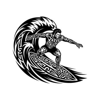 Black and white artwork of a surfer riding a wave with tribal patterns, isolated on white background vector