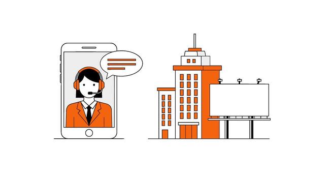 Customer service representative on a smartphone screen with a speech bubble, next to a modern office building and a billboard, isolated on white background vector