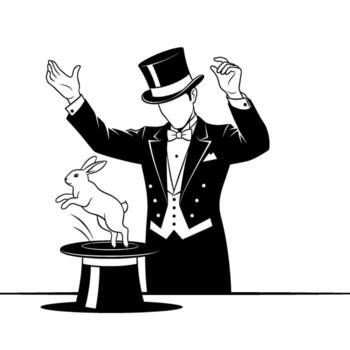Elegant magician performing a classic trick with a rabbit jumping out of a top hat in a spotlight creating a sense of wonder and amazement vector