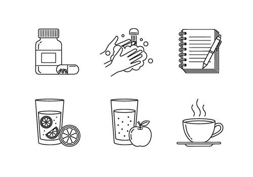 Daily wellness routine Washing hands taking medicine writing in a notebook drinking juice and enjoying a cup of coffee in a minimalistic style vector