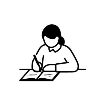 Focused student writing in a notebook at a desk capturing the essence of education and concentration in a minimalist clean line art style illustration vector