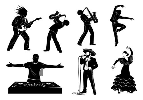 Diverse musicians and dancers performing in silhouette showcasing musical talent and artistic expression in a dynamic and captivating performance art vector