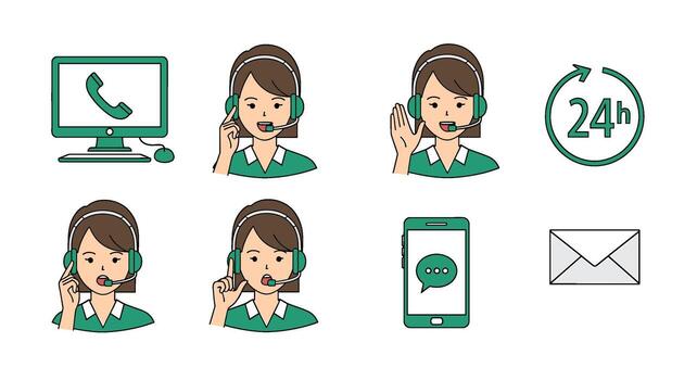 cliente Servicio íconos incluso computadora, auriculares, teléfono, móvil, y sobre aislado en blanco antecedentes vector