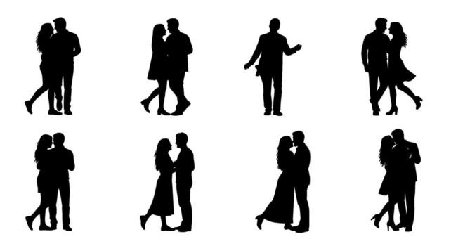 Romantic couples in various poses silhouetted against a white background expressing love and connection through intimate gestures and body language vector