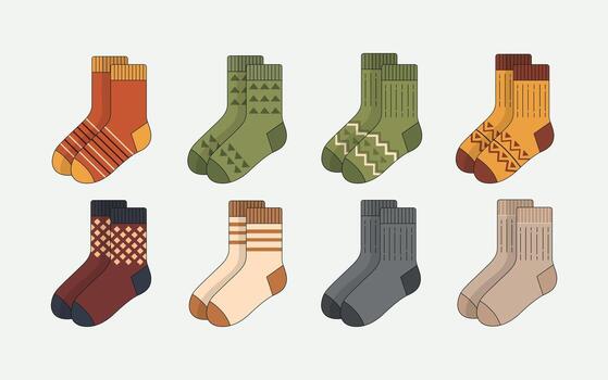 Simple Flat Illustration of Multiple Pairs of Winter Socks with Patterns vector
