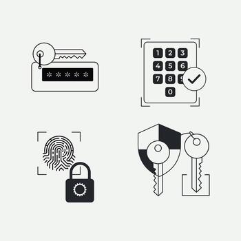 línea Arte seguridad sistema con llave, código de acceso, huella dactilar y proteger íconos vector