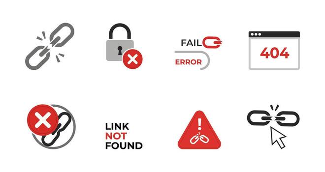 Flat Design Broken Link Connection Security Error and Warning Icon Set vector