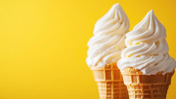 Two vanilla soft serve ice cream cones standing upright against a bright yellow background create a simple yet appealing image photo