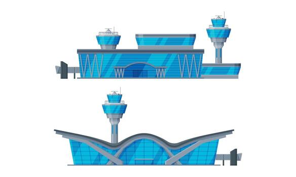 Airport Terminal Building with Concourse and Control Tower Set vector