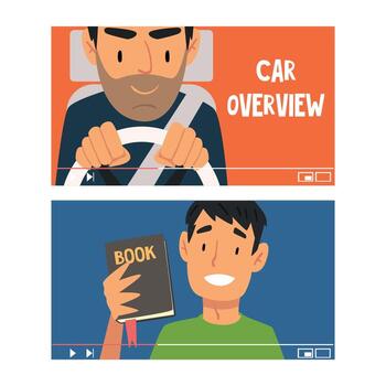 Man Vlogger Streaming in the Internet Making Car Overview and Book Vlog Set vector