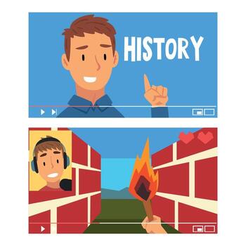 Man Vlogger Streaming in the Internet Making Game and History Vlog Set vector