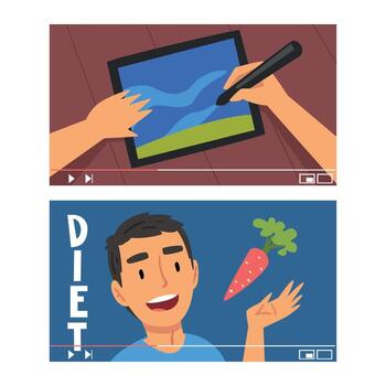 Man Vlogger Streaming in the Internet Making Diet and Drawing Vlog Set vector