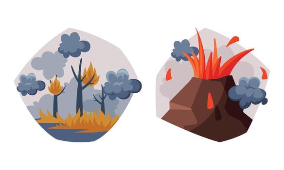 Environmental Pollution Cause and Source with Wildfire and Volcanic Eruption Set vector