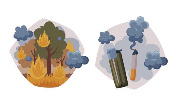 Environmental Pollution Cause and Source with Wildfire and Smoking Cigarette Set vector