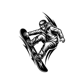 Dynamic black and white depiction of a snowboarder performing a trick, with abstract motion lines suggesting speed and air vector