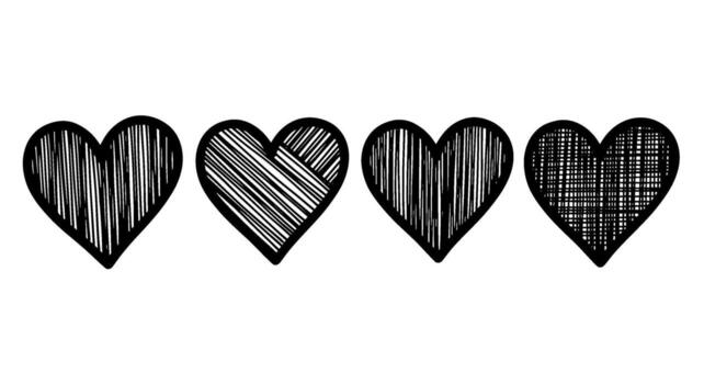Four hand-drawn hearts with different line patterns isolated on a white background conveying love affection and creative expression for Valentines Day vector