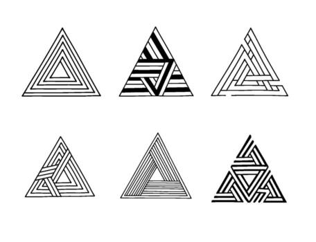 Set of six geometric triangle logos with intricate patterns, isolated on white background vector