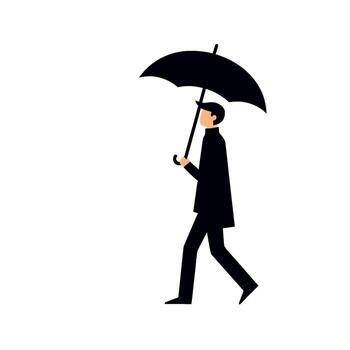 Stylized man in black suit walking with an umbrella in a minimalist white space conveying protection and resilience in a simple modern design vector