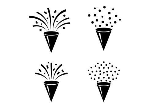 Festive black party poppers exploding with confetti and dots on a white background symbolizing celebration joy and a fun minimalistic design vector