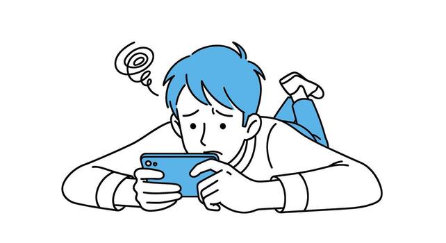 Young man lying down playing on his smartphone with a worried expression, isolated on white background vector