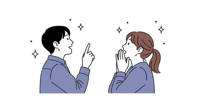 Man explaining to woman, both looking upwards with sparkles vector