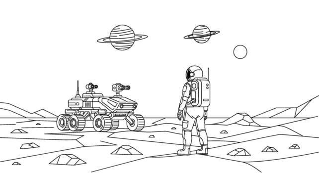 Astronaut exploring a desolate planet surface with a rover gazing at distant planets creating a sense of wonder and discovery in a minimalist style vector