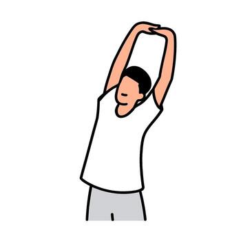 Man stretching arms overhead in simple illustration style against a white background conveying a sense of relaxation and well-being through exercise vector