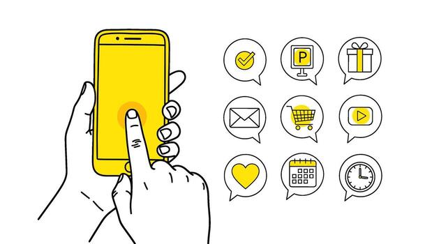 Hand holding a smartphone with various app icons in speech bubbles, isolated on white background vector