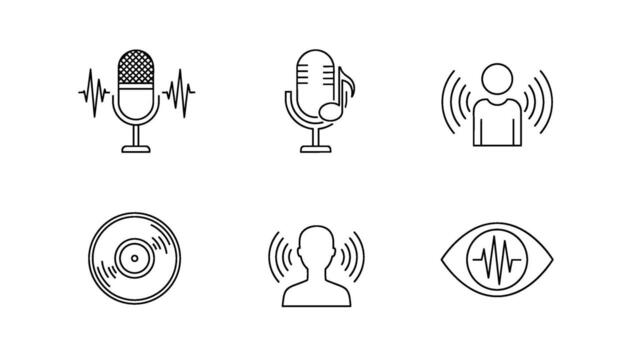 Audio and Visual Communication Icons Displaying Sound Waves Music Notes Vinyl Record and an Eye with a Waveform Conveying Sensory Perception vector