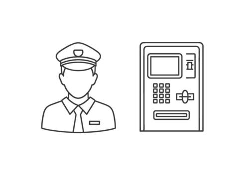 Line art of a uniformed security guard standing next to an ATM machine in a bank conveying safety and financial security in a minimalist style vector
