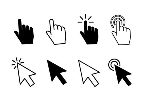 Diverse hand and arrow cursor set clicking and pointing on a clean white background symbolizing digital interaction and user interface navigation vector