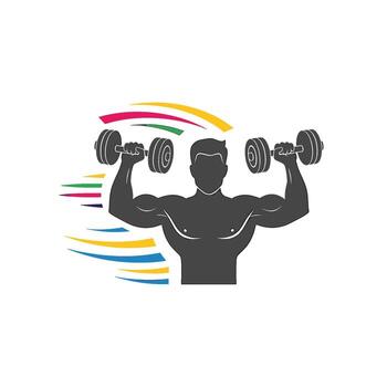 Silhouette of a muscular man lifting dumbbells with colorful graphic elements showcasing strength and fitness in a dynamic and energetic environment vector