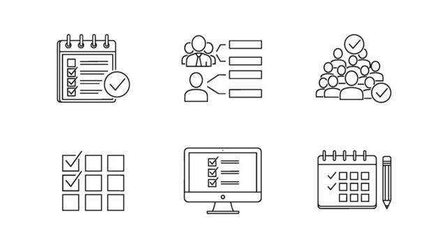 Various checklist icons showing tasks being completed including calendars computer screens and people representing organization and productivity vector