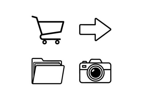 Simple line icons of shopping cart arrow folder and camera on a clean white background representing e-commerce navigation organization and photography vector