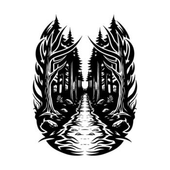 encantador bosque camino con alto arboles y un reflexivo arroyo, místico atmósfera vector