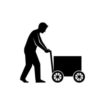 Silhouette of a man pushing a cart on a white background conveying simplicity and efficiency in logistics and transportation services vector