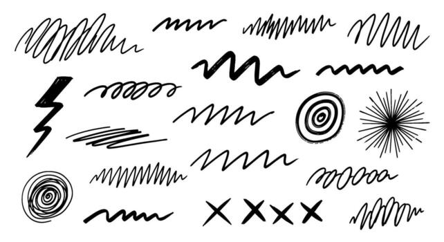 colección de varios dibujado a mano garabatos, líneas, zigzags, círculos, y Starburst formas en un blanco antecedentes vector