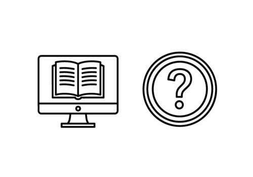 Online learning concept A computer displays an open book icon next to a question mark icon symbolizing knowledge uncertainty and the search for answer vector