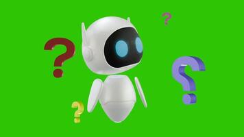 A funny animation of a 3D little robot looking left and right with a puzzled expression. A colorful 3D question mark symbol may be seen in the backdrop. Green screen background. Pe video