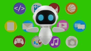 uma sofisticado 3d robô animação pairando e olhando em volta. atrás isto, lá estão muitos aplicativo ícones para representar Móvel apps ou vr dispositivos. verde tela fundo. perfeito looping. video