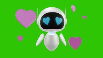 adorável 3d mini robô personagem animação este usa em forma de coração olhos para transmitir afeição ou amar. a robô é cercado de rotativo Rosa amor objetos. verde tela fundo. video