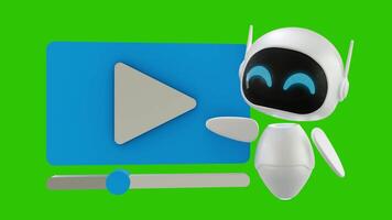 un' carino animazione di un' 3d poco robot puntamento per un' media giocatore accanto esso. un' 3d media giocatore quello viene visualizzato il piattaforma media streaming. verde schermo sfondo. Perfetto ciclo. video
