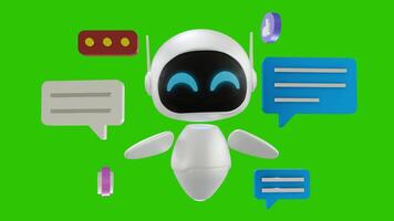 en söt animering av en 3d mini robot är ser lyckligt till de rätt och vänster. i de bakgrund är chatt bubblor, tycka om ikoner, och hjärtan, representerar social media chattar. video