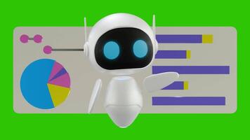 uma fofa animação do uma 3d pequeno robô personagem apontando e exibindo companhia Informação. Barra gráficos e torta gráficos estão usava para exibição a companhia Estatisticas. video