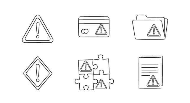 estilo garabato íconos mostrando advertencia señales en crédito tarjeta carpeta documento y rompecabezas piezas representando potencial riesgos y errores en varios contexto vector
