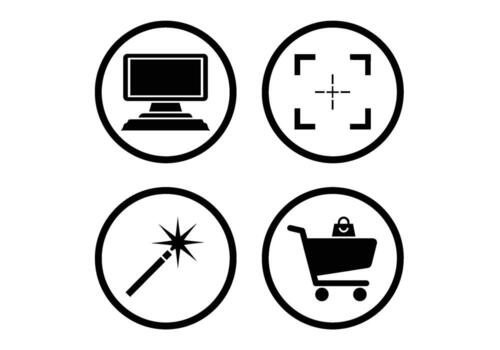 Digital icons presenting a computer target magic wand and shopping cart in a minimalist style symbolizing technology precision creativity and commerce vector