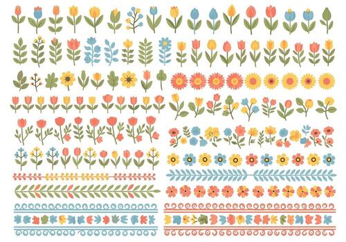 Delicate floral elements in a flat design style arranged on a white background creating a cheerful and vibrant spring botanical illustration vector