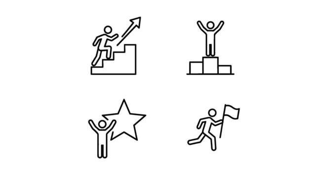 Stick figures achieving goals climbing stairs standing on a podium reaching for a star and running with a flag symbolizing success and ambition vector
