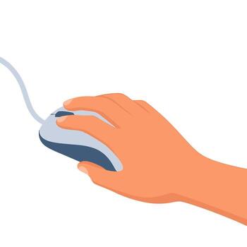 Close-up of a hand clicking a computer mouse on a white surface symbolizing precision and control in digital interaction and technology use vector