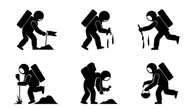 Astronaut silhouettes exploring a new planet planting a flag collecting samples and hiking with determination in a minimalist futuristic style vector